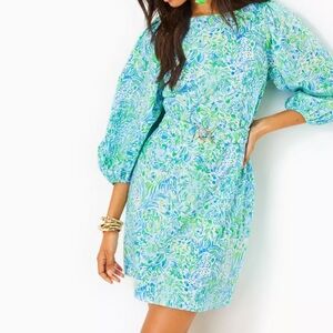 Lilly Pulitzer Barbara 3/4 Sleeve Cotton Dress Hydra Blue Dandy Lions Size 0